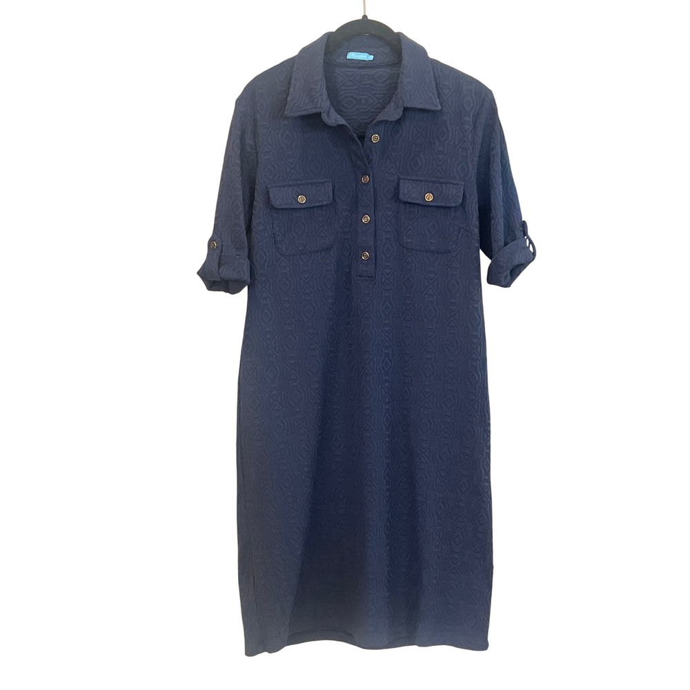 J McLaughlin Navy Blue Textured Polo Shirt Dress Roll Tab Sleeves Size Small - Picture 2 of 6